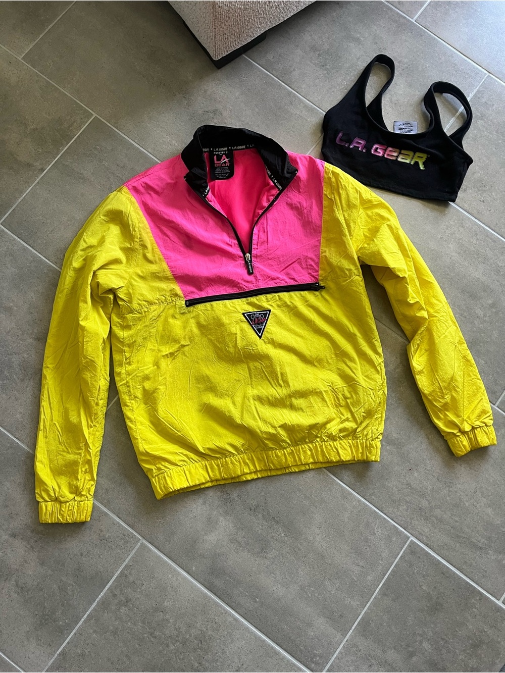 LA Gear Neon Windbreaker Pullover Jacket + Bralette - Yellow & Pink